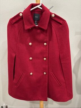 Forever 21 Red Double-Breasted Wool-Blend Cape with Gold Buttons